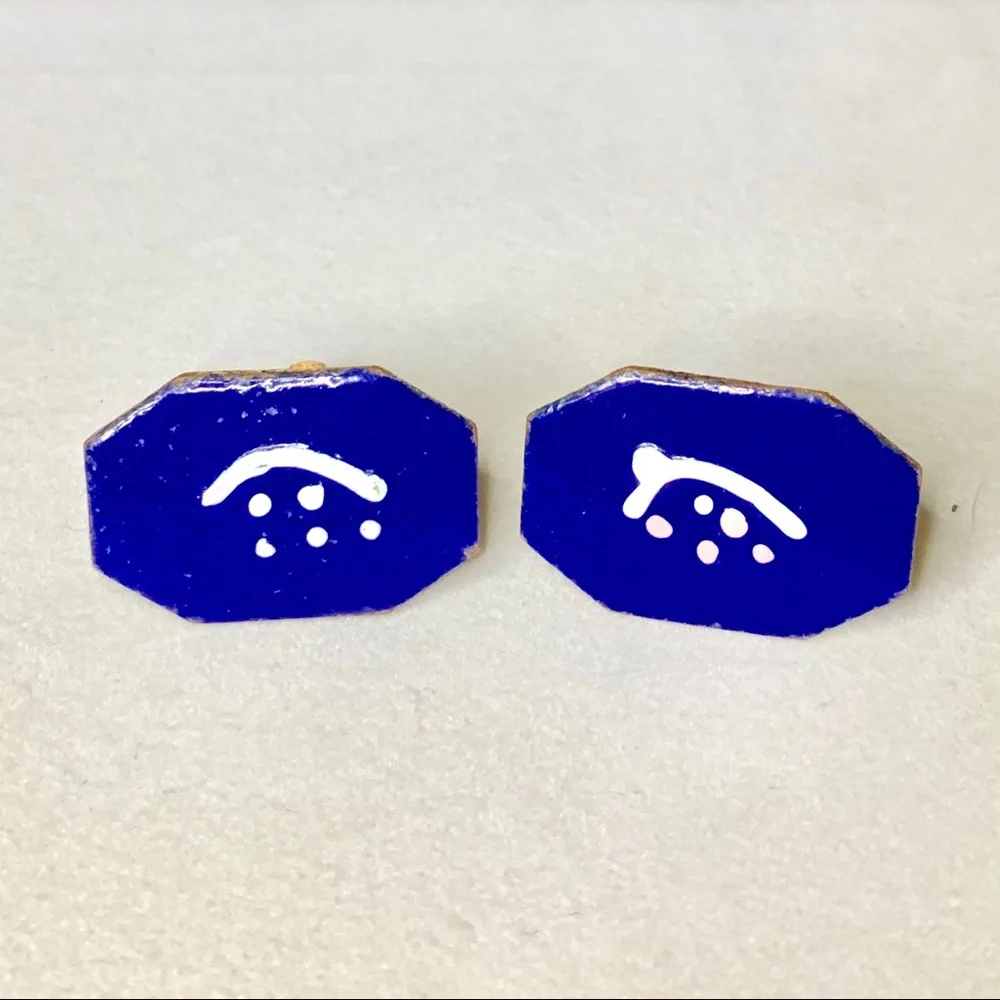 Collectible Vintage Modernist Blue Enamel Copper Cuff Links Estate Find